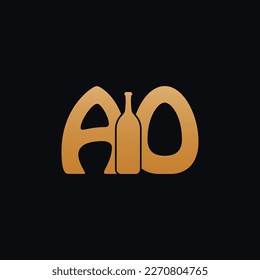 Letter AO Logo With Wine Bottle Design Vector Illustration On Black Background. Wine Glass Letter AO Logo Design. Beautiful Logotype Design For Wine Company Branding.