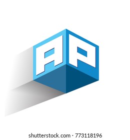 Letter AP logo in hexagon shape and blue background, cube logo with letter design for company identity.
