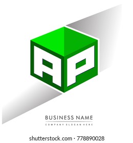 Letter AP logo in hexagon shape and green background, cube logo with letter design for company identity.
