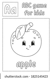 Letter A is for apple . ABC game for kids. Alphabet coloring page. Cartoon character. Word and letter. Vector illustration.