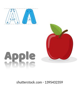 Letter A Apple English Alphabet Tracing Coloring book page. Printable worksheet for kindergarten and preschool. Exercises for study English. Simple level of difficulty.