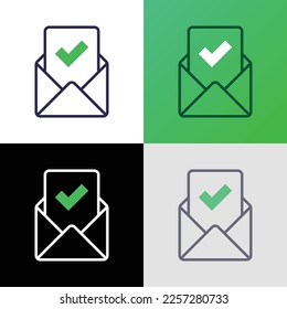 Letter approved thin line icon: envelope with paper sheet with check mark. Modern vector illustration.