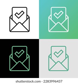 Letter approved thin line icon: envelope with paper sheet with check mark. Modern vector illustration.