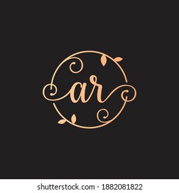 Letter AR Decorative, Classy Monogram logo inside a circular stalk, stem, or root with floral, leaves ornament. Letter AR florist logo. AR wedding logo, crafting logo