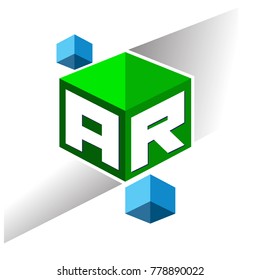 Letter AR logo in hexagon shape and green background, cube logo with letter design for company identity.
