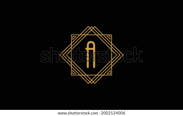Letter A art deco 
minimalstic logo in  gold color isolated in black background with
square frame symbol