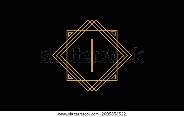 Letter I art\
deco  minimalstic logo in  gold color isolated in black background\
with square frame \
symbol\
\

