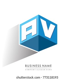 Letter AV logo in hexagon shape and blue background, cube logo with letter design for company identity.
