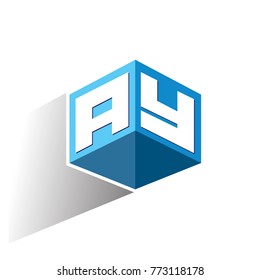 Letter AY logo in hexagon shape and blue background, cube logo with letter design for company identity.
