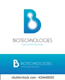 Letter b with abstract molecule icon. Biotechnology, biology, medicine, science research, dna, molecular logo concept