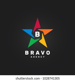 Letter B Abstract rainbow star vector design element on black background. Corporate logotype template.