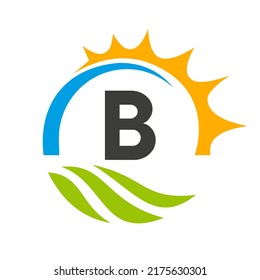 Letter B Agriculture Logo Vector Template. Agriculture Logo Concept with Green Field and Bright Sun Element