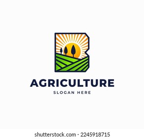 Letter B agriculture sun shine sunrise farm beautiful landscape tree vector logo design