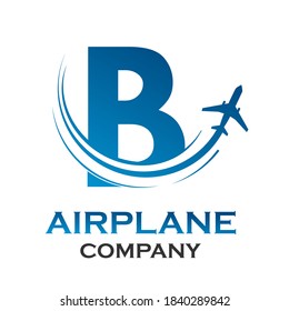 Letra b con ilustración de la plantilla del logotipo del avión. adecuado para el transporte, marca, viajes, agencia, web, etiqueta, red, marketing, etc