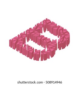 The letter B, in the alphabet broken 3d perspective isometric set pink color isolated on white background