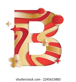 Letter B Alphabet Font Chinese New Year Concept Character Font Letter Abstract Paper Flower Lantern Lunar Festival Element Sparkle Gradient Red Gold 3D Paper Layer Cutout Card Vector Illustration