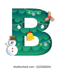 Letter B Alphabet Font Cute Merry Christmas Concept Mistletoe Bell Snowman Christmas Tree Character Font Christmas Element Cartoon Green 3D Paper Layer Cutout Card Vector Illustration
