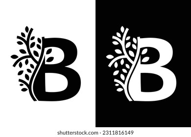 Letter B alphabet and growing leaf with black and white color. Very suitable for symbol, logo, company name, brand name, personal name, icon, identity, business, marketing and many more.