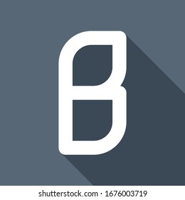 Letter B of alphabet, isolated outline symbol. White flat icon with long shadow on blue background