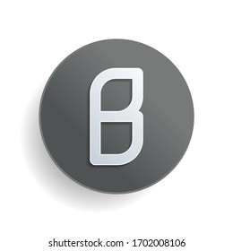 Letter B of alphabet, isolated outline symbol. White paper symbol on gray round button or badge with shadow