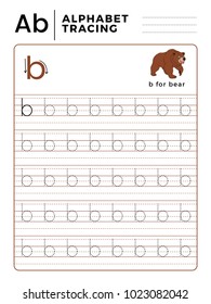 Letter B Alphabet Tracing Book with Example and Funny Bear Cartoon. Preschool worksheet for practicing fine motor skill. Vector Animal Illustration for Children.