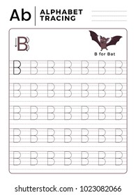 Letter B Alphabet Tracing Book with Example and Funny Bat Cartoon. Preschool worksheet for practicing fine motor skill. Vector Animal Illustration for Children.