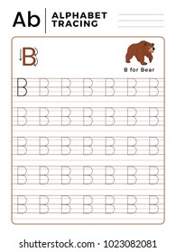 Letter B Alphabet Tracing Book with Example and Funny Bear Cartoon. Preschool worksheet for practicing fine motor skill. Vector Animal Illustration for Children.