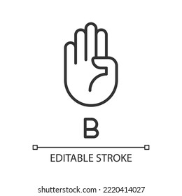 Letter B in American sign language pixel perfect linear icon. Communication system. Thin line illustration. Contour symbol. Vector outline drawing. Editable stroke. Arial font used