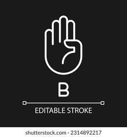 Letter B in American sign language pixel perfect white linear icon for dark theme. Communication system. Thin line illustration. Isolated symbol for night mode. Editable stroke. Arial font used