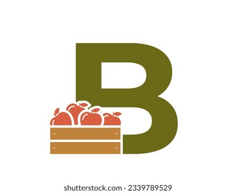 letra b con caja de manzanas. logotipo del alfabeto de fruta creativa. diseño de cosecha y jardinería. imagen vectorial aislada