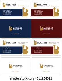 letter B with arrows up and down business cards, gold, dark blue and dark red colors