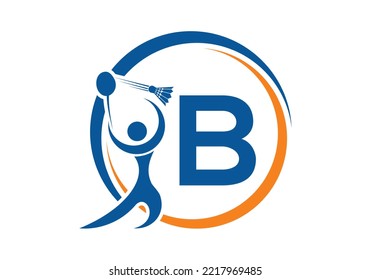 Letter B Badminton Logo Concept With Moving Badminton Icon. Badminton Sports Logotype Symbol Vector Template.