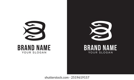 Letter B bait fish logo design. Fishing hook vector template