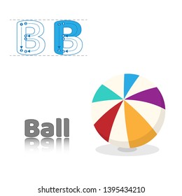 Letter B Ball English Alphabet Tracing Coloring book page. Printable worksheet for kindergarten and preschool. Exercises for study English. Simple level of difficulty.