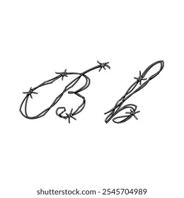 letter B Barbed wire hand drawing vector isolated on white background.