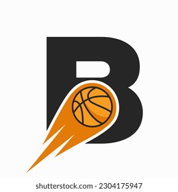 Letter B Basketball Logo Concept With Moving Basketball Icon. Basket Ball Logotype Symbol
