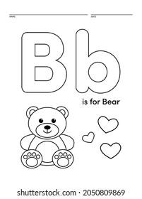 Letter B is for Bear Alphabet Learning Worksheet Coloring Book Page