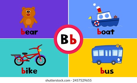 Letter B b, bear, bike, bus, boat, Flashcard, Alphabet, Kids, Learning, Teaching, Vocabulary
