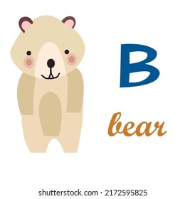 Letter B Bear Zoo alphabet. English abc letters with animals Education cards for kids. Isolated White background. Flat design. Vector illustration