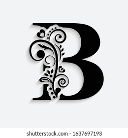 letter B. Black flower alphabet.  Beautiful capital letters with shadow