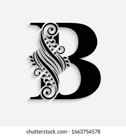 letter B. Black flower alphabet.  Beautiful capital letter with shadow