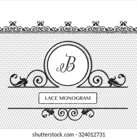 Letter B black lace monogram, stitched on seamless tulle background with antique style floral border. EPS10 vector format.