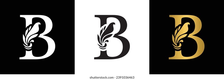 letter B. Black, white and golden  flower alphabet. Beautiful capital letters 