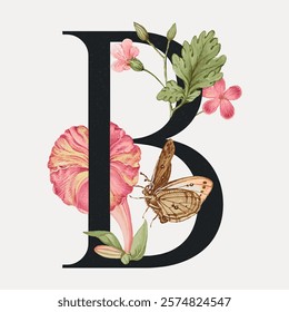 Letter B botanical calligraphic art alphabet, vintage vector element. Floral botanical lettering typography vector element. Vintage floral letter art illustration, old painting art print.