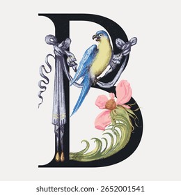 Letra B alfabeto de arte caligráfica botânica, elemento vetorial. Fonte criativa e letra de tipografia, vetor isolado. Fonte floral vintage.