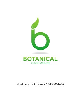 letter b botanical logo with leaf, natural logo design template