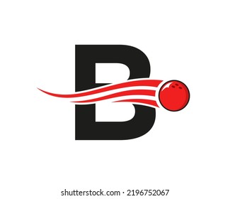 Letter B Bowling Logo. Bowling Ball Symbol With Red Moving Ball Vector Template