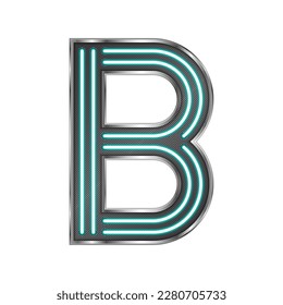 Letter B (Bravo) Capital Uppercase Modern English Alphabet Neon Glow Light Stainless Metallic Frame Futuristic Design Icon Logo Isolated on White Background