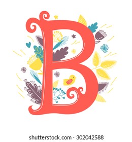 The letter B. Bright floral element of colorful alphabet with flowers and birds. Vector illustration.