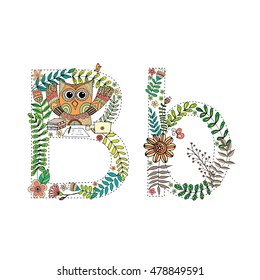 The letter B. Bright floral element of colorful alphabet Owl, flowers, and twigs. floral ABC element in vector